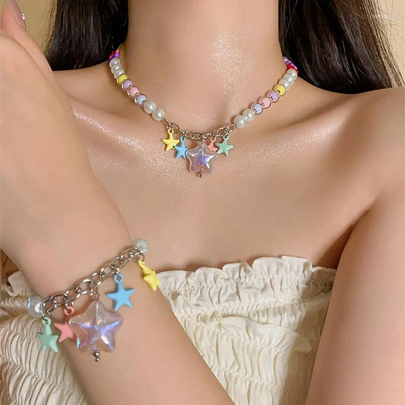 Choker Goth Bonbons Couleur Étoile Pentagramme Pendentif Acrylique Perlé Chaîne Collier Pour Femme Harajuku Mignon Egirl Y2K Bijoux Accessoire Cadeau