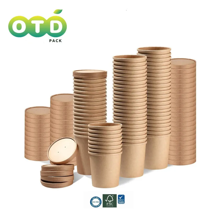 Engångsbehållare Take Out Containers 25 50pack Kraft Paper Food med lock Eco Friendly Cups Perfect For Soup Ice Cream 230715