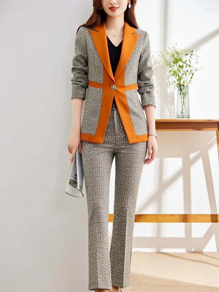 Kvinnors tvåbitar byxor Fashion Elegant Office Ladies Formal Pant Suit Women Women Business Work Wear Blazer och byxa Orange Black 2 Set