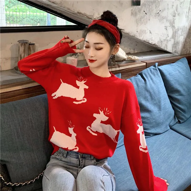 Kvinnors tröjor Kvinnans tröjor Röd tröja Spring och Autumn Top Christmas Pullover
