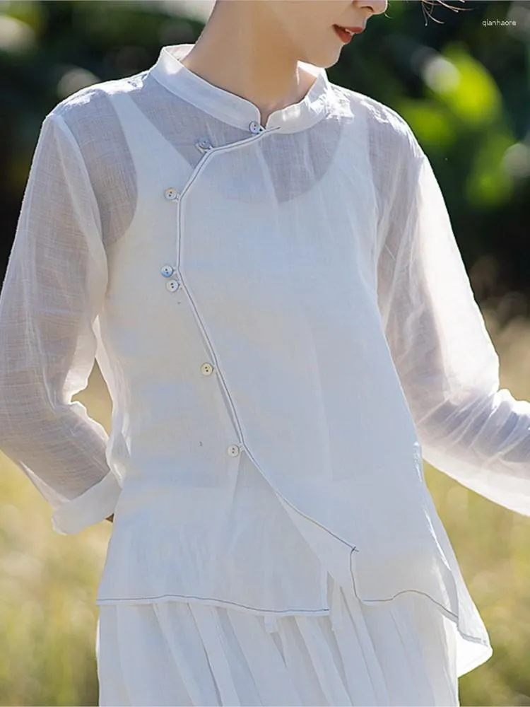 女性のブラウス女性レトロシンプルなラミーカジュアルシャツ2023サマースタンドボタン長袖透明でクールなリフレッシュトップスブラウス