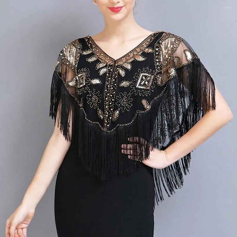 Scarves 1920s Sequined Women Shawl See-through Tassels Beaded Cape Faux Pearl Fringe Sheer Mesh Wrap