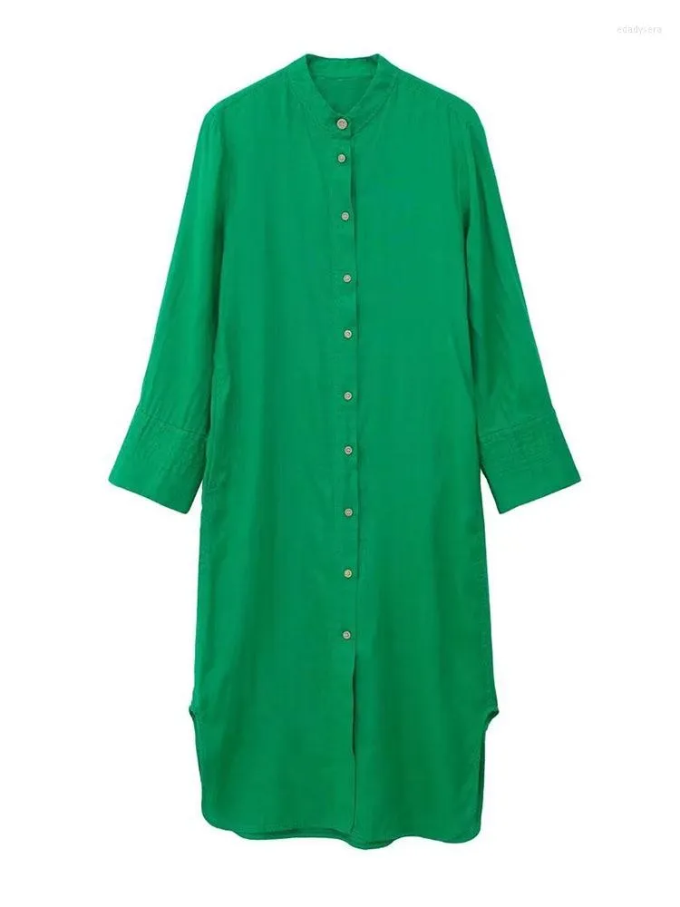 فساتين غير رسمية ربيع فستان نسائي مزاج فرنسي لطيف الكتان حول الرقبة واحدة من الصدور الأخضر قميص الأكمام الطويلة