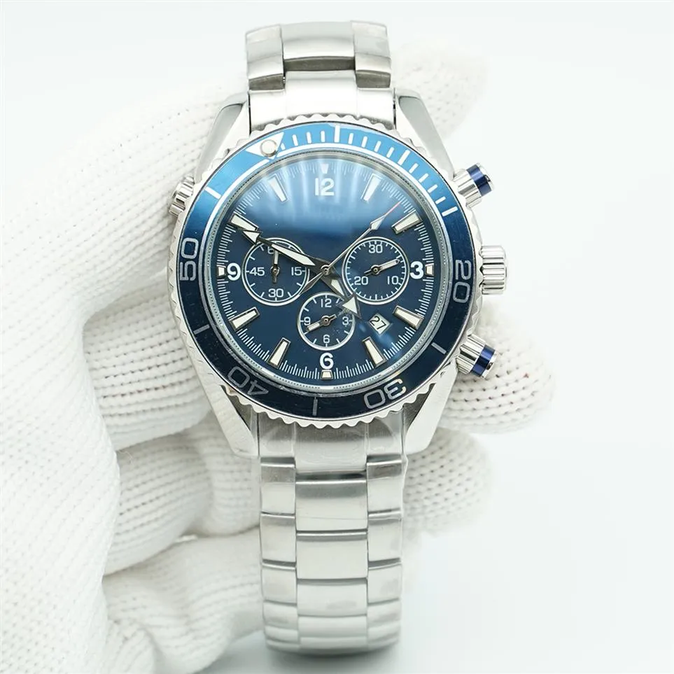 Blue Dial Meter Watch 44mm Quartz Chronograph Diver 600m Rostfritt stål Glas baksida Sport hav Mens Watches297n