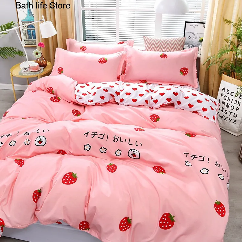 Beddengoed sets 4 stuks roze aardbei Kawaii beddengoed deluxe kinder dekbedovertrekken zachte dekbedovertrekken kussenslopen en laken decoratie bed 230715