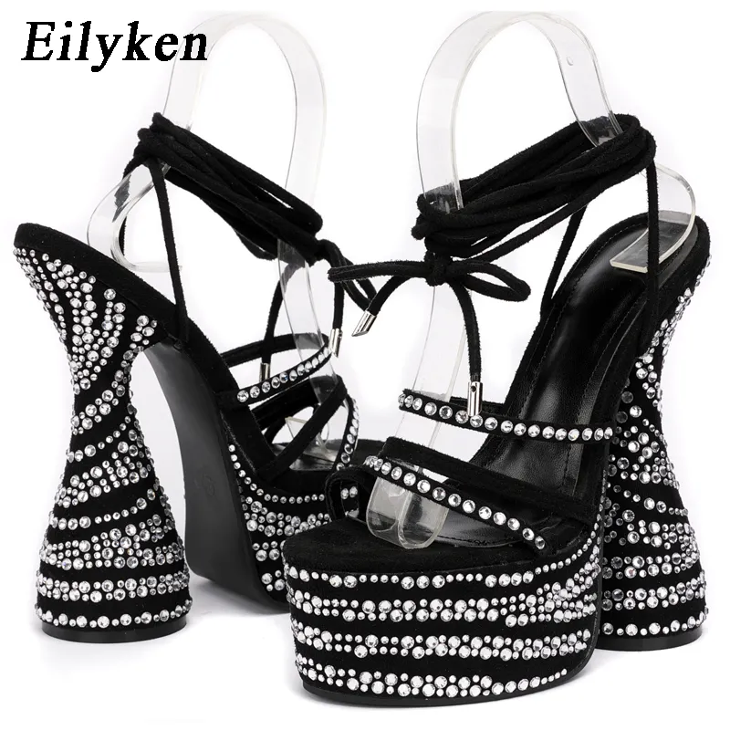 Sandalen Eilyken CRYSTAL Chunky Heels Sandalen Mode Peep Toe Ankle Cross Lace-Up Plattform Frauen Stripper Schuhe 230714