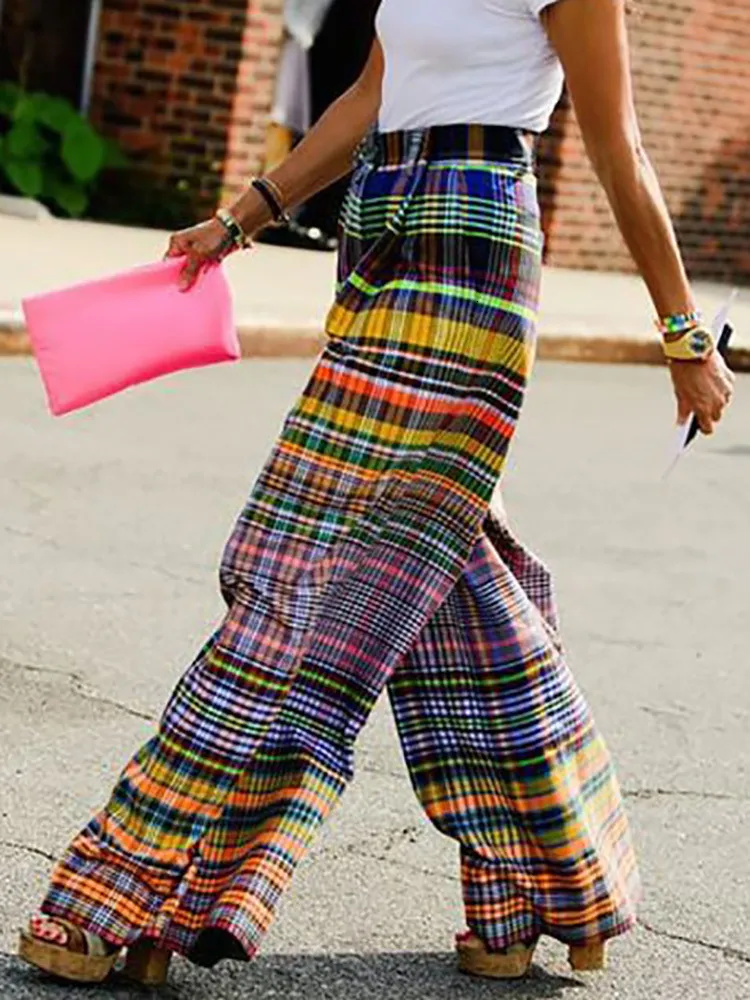 DHgate.com:Womens Vintage Plaid Printed Wide Leg Pants