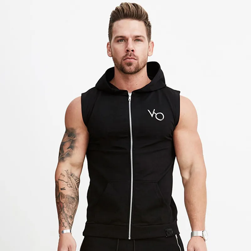 Heren Hoodies Sweatshirts Gym Fitness Hoodie Heren Mouwloos Sweatshirt Bodybuilding Workout Katoen Rits Vesten Jas Mannelijke Casual Sportkleding Capuchon 230715