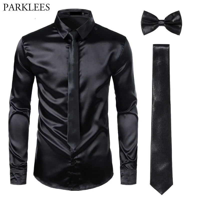 T-shirts pour hommes Noir Hommes Chemises habillées en soie 3pcs Chemise Cravate Bowtie Chemise en satin lisse Hommes Slim Fit Party Prom Casual Social Camisa 230715