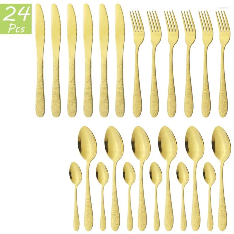 Set di stoviglie Set di posate da cucina in acciaio inossidabile Posate da tavola 6 set / 24 pezzi Posate da cena in oro Coltello Forchetta Cucchiaio Stoviglie