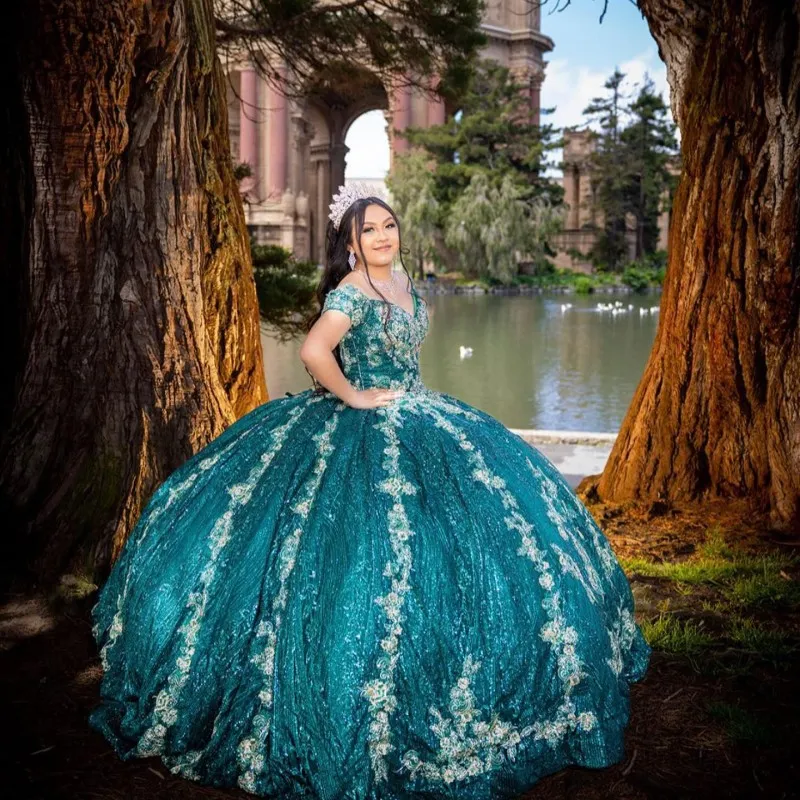 Green Glitter Sweetheart Princess Prom Party Dresses Quinceanera Dress Applique Lace Sequined Ball Gown Sweet 15 Dress for Girls