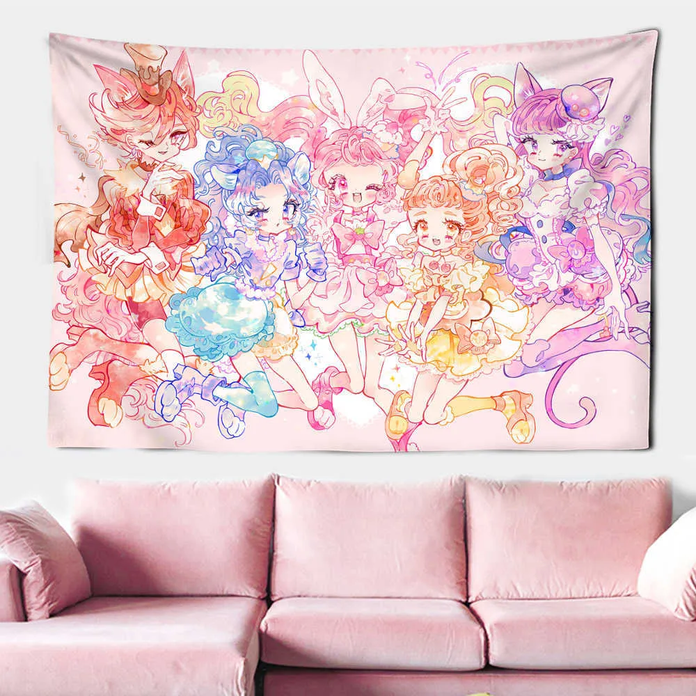 Tapeçarias Dome Câmeras Rosa Kawaii Anime Tarô Tapeçaria Dos Desenhos Animados Menina Mágica Fundo Tapeçaria Pendurada na Parede Estilo Boêmio Decoração de Casa