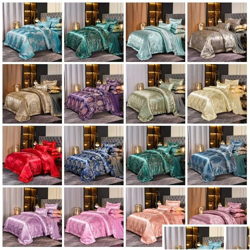 Sängkläder set guldkaffe Jacquard lyxuppsättning drottning/king size fläck säng 4st bomullsilk spetsar täcke er sängkläder hem textil 486 droppe dh3z7