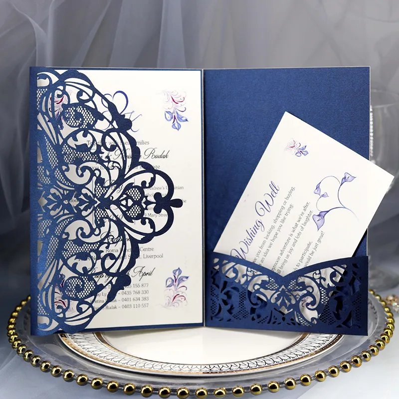Grußkarten 50 Stück Blau Weiß Lasergeschnittene Hochzeitseinladungskarte Geschäft mit RSVP-Karte Anpassen von Grußkarten Hochzeitsdekor Partyzubehör 230714