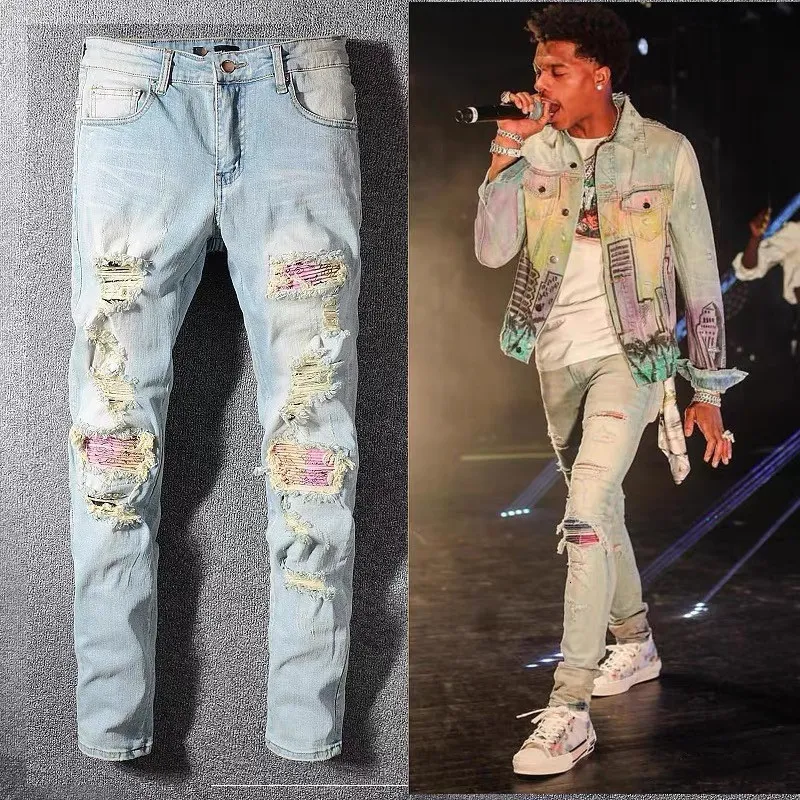 Jeans pour hommes High Street Patchwork Blue Men 2023 Hip Hop Ripped Hole Slim Pants Trendy Party Club Calsas Masculina 230715