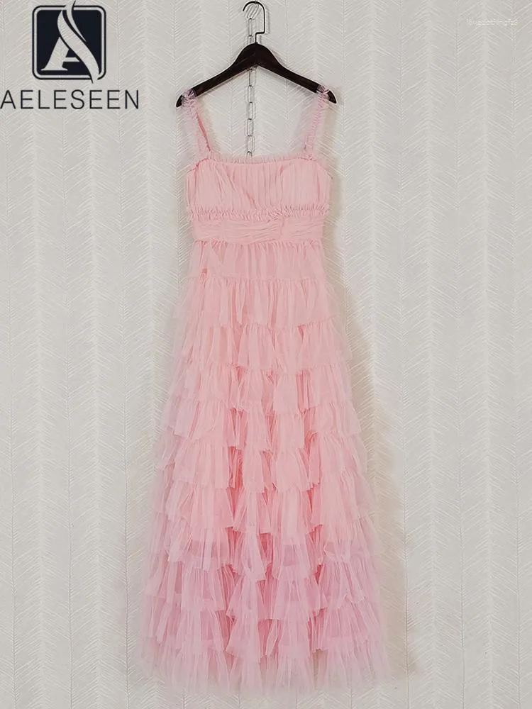 Casual Dresses AELESEEN Designer Fashion Women Summer Dress Spaghetti Strap 3D Flower Appliques Mesh Pink White Cascading Ruffles Long Party