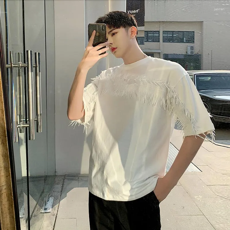 Erkek Tişörtleri 2023 Güney Kore Sokak Elbise Yuvarlak Boyun Külot Kısa kollu T-Shirt Yaz Püskül Gevşek Gündelik Beş Noktalı