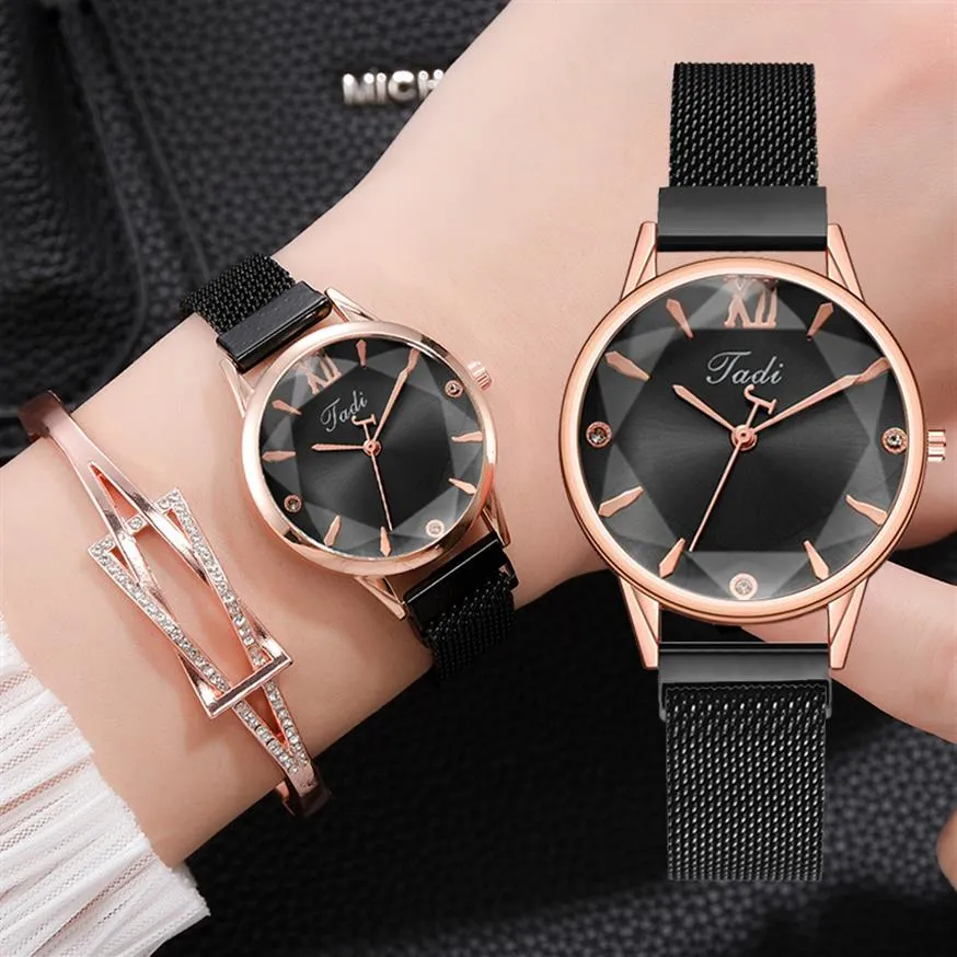 Moda 2 pçs conjunto de relógios femininos simples ímã flor strass relógio feminino relógio de pulso conjunto de pulseira preto relógio reloj mujer2875