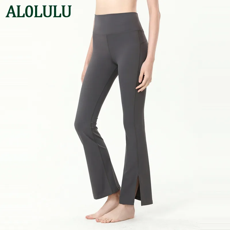 AL0LULU calça de yoga feminina cintura alta levantamento de quadril calça fina split bell calça fitness