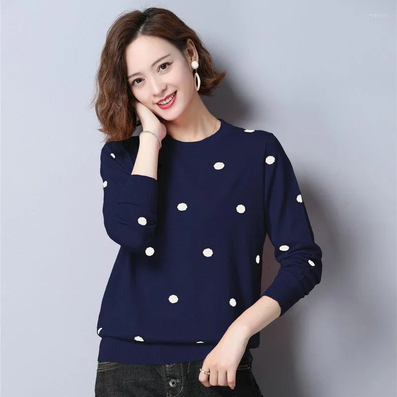 Kvinnors tröjor Kvinnor Casual Polka Dot Pullover Tröja Red Black Navy Blue Mozy Soft Knitting Topps Female Round Collar Jersey Knitwear