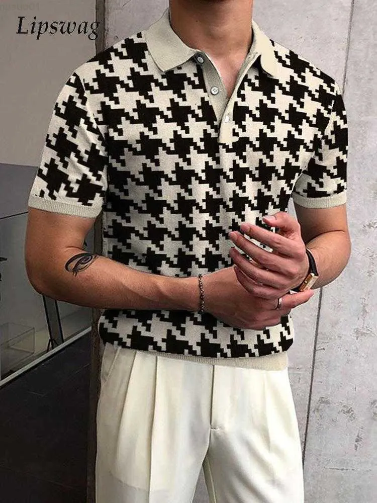 Мужские футболки Винтажный Houndstooth Print Polo Рубашка для мужчин лето с коротким рукавом повседневное пуловер-топы Мужские мод