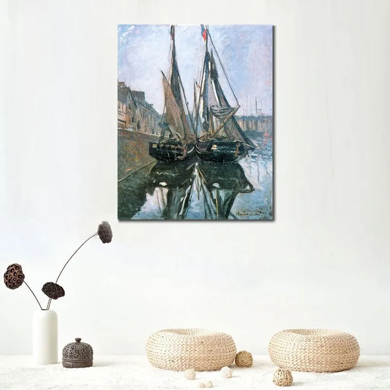 Pinturas a óleo pintadas à mão de arte em tela de barcos de pesca de Claude Monet em Honfleur Garden Landscape Artwork para decoração de restaurante