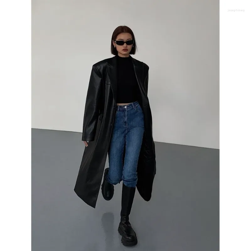 Vrouwen Leer Lente Herfst Zwarte Lange Faux Trenchcoat Voor Vrouwen Mouw Single Breasted Mode Streetwear Q426