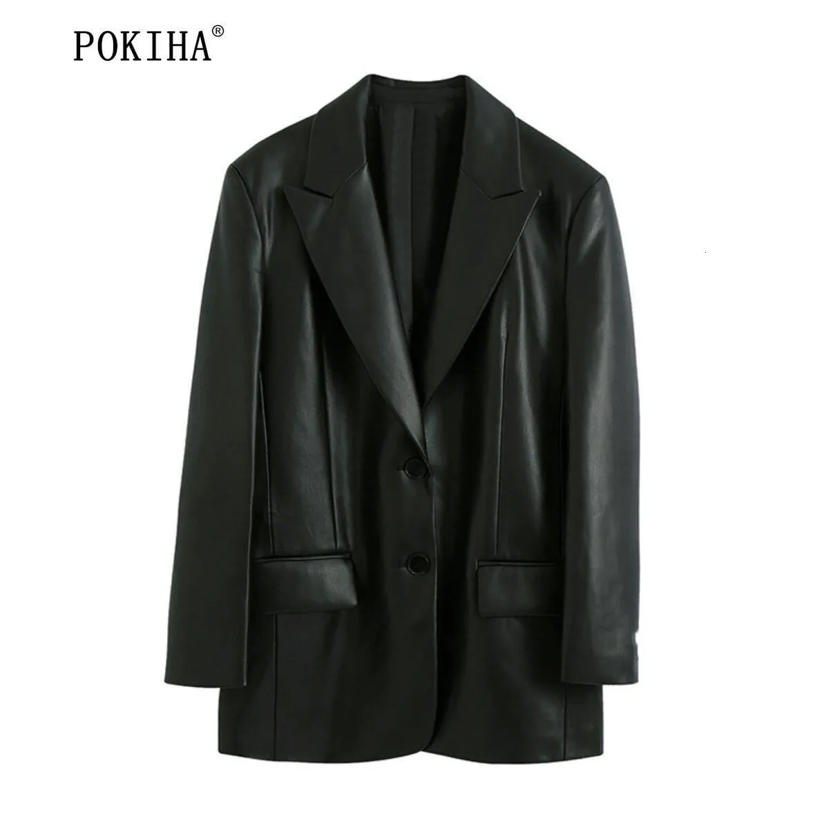 Abiti da donna Blazer Pokiha Moda donna Nero Ecopelle Blazer allentato Cappotto Vintage Manica lunga Tasche con patta Capispalla femminile Chic Veste Femme 230715