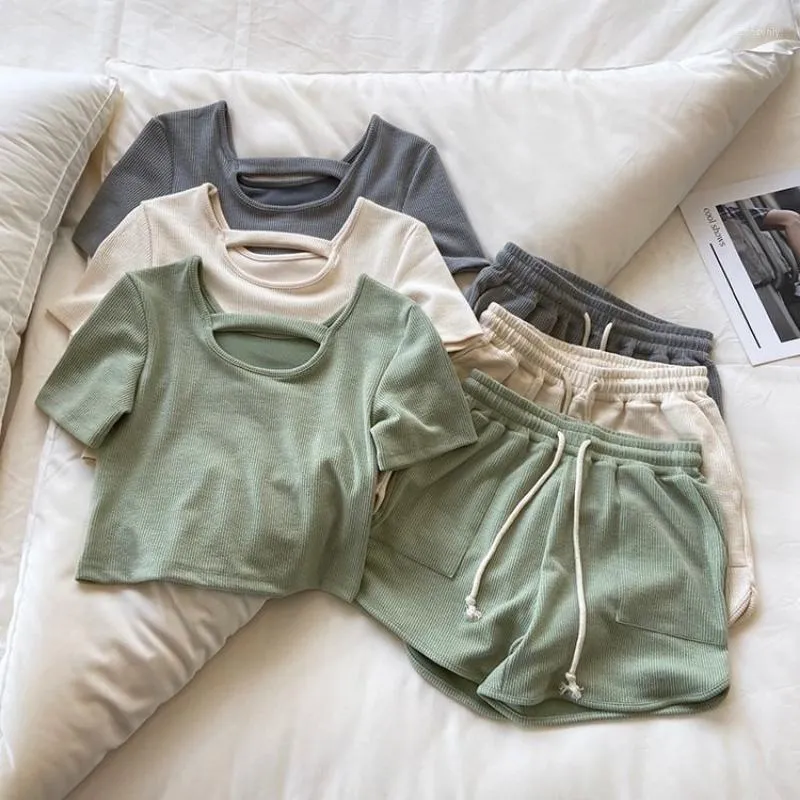 Kvinnors träningsdräkter Summer Solid Crop Tops Shorts Set för kvinnor Casual Clothing Hleeve T-shirts Pants Matching Fut Female Sportswear Outfit