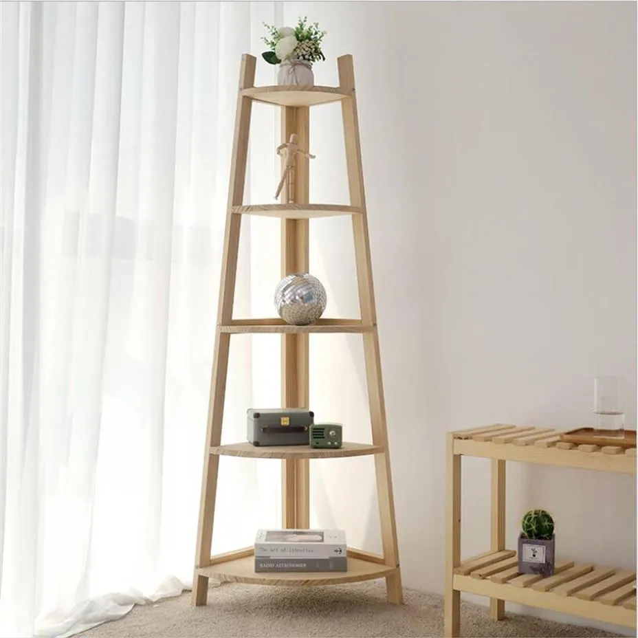 Solid Wood Multi Layer Corner Shelf With Tripod Modern And Simple