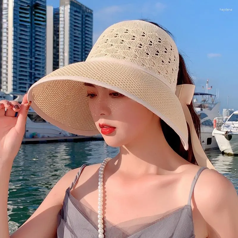 Berets Summer Female Sun Hats Big Brim Classic Bowknot Foldable Fashion Straw Hat Casual Outdoor Beach Cap For Women UV Protected