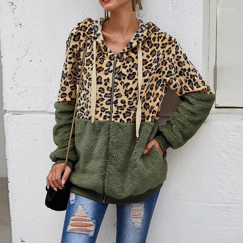 Damen Hoodies Herbst Winter Sweatshirts Frauen Mit Kapuze Leopard Casual Reißverschluss Langarm Hoodie Mode Top Warmer Mantel V-F