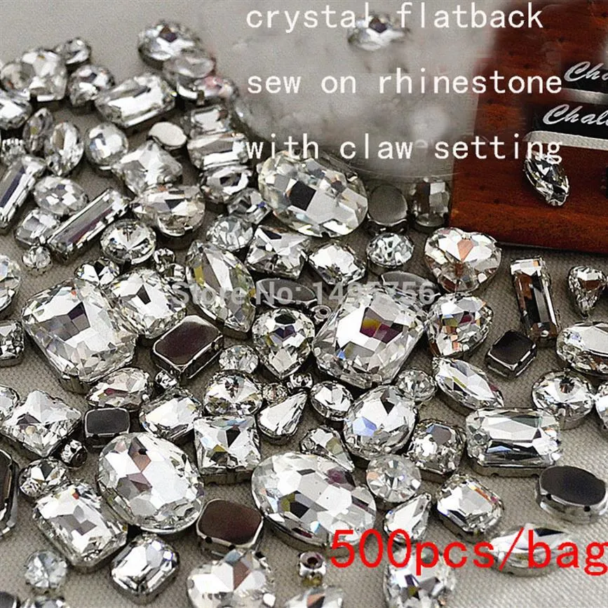 Fancy Crystal Rhinestone 500st Lot Mix Size Sew On Rhinestones Flatback med metallkloinställning Sy Crystal Stones Button299C