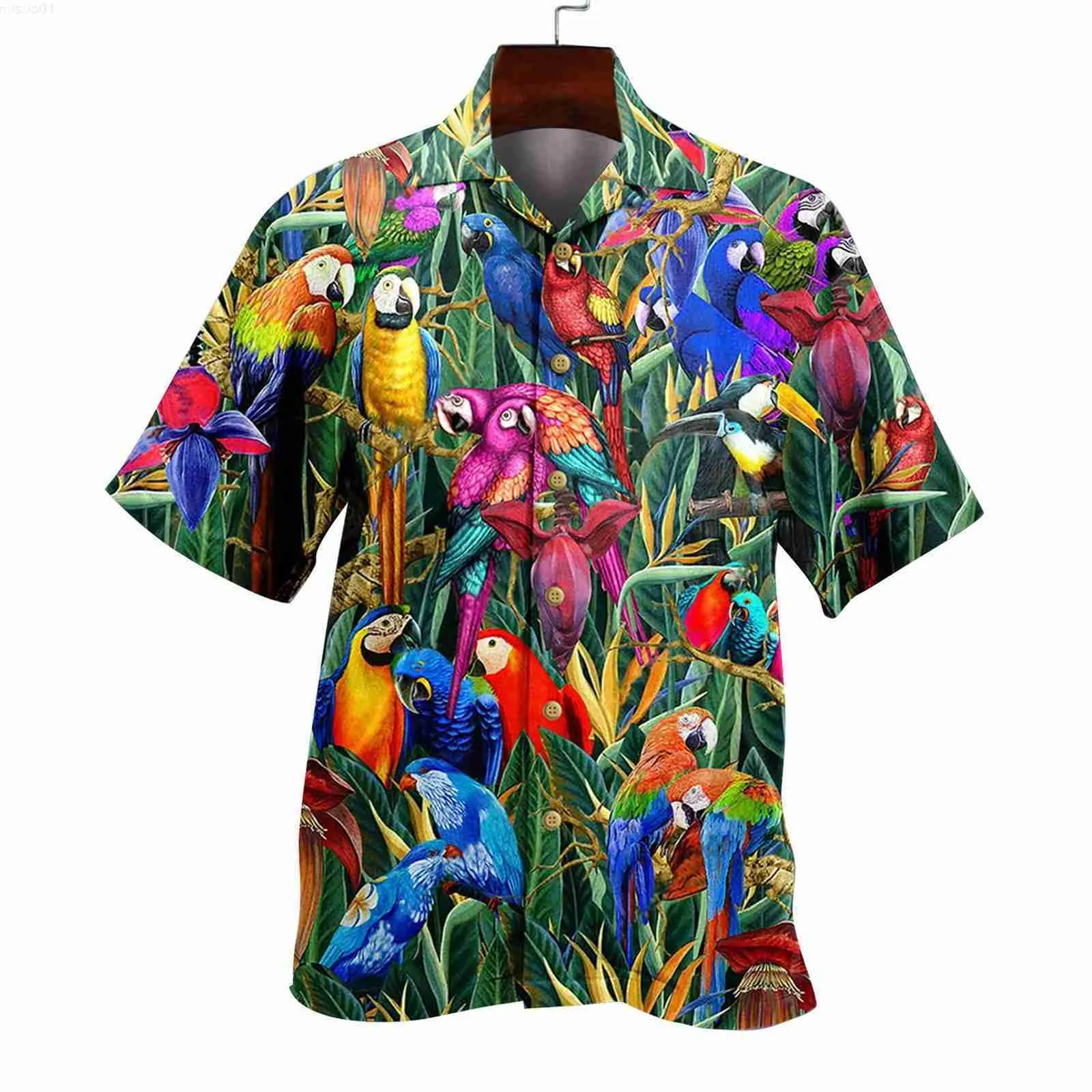 Camisas casuais masculinas Moda Parrot Plant Print Shirt Camisa masculina Haiian Praia Manga curta Tops Camisetas verão oversized 5xl camisa streetwear L230715