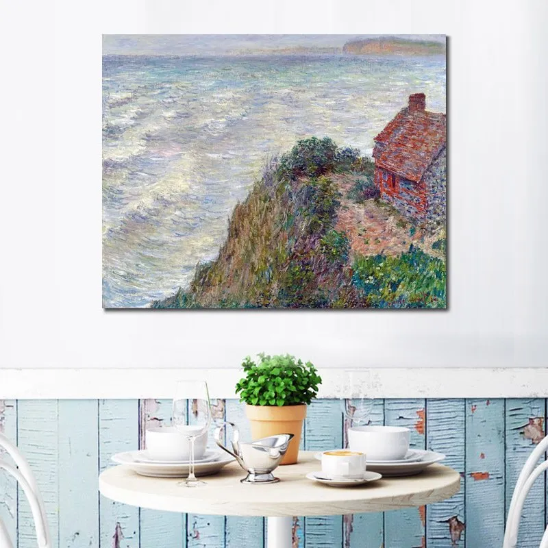 Handmade Claude Monet Oil Painting Fishermans House in Petit-ailly Modern Canvas Art Modern Landscape Living Room Decor