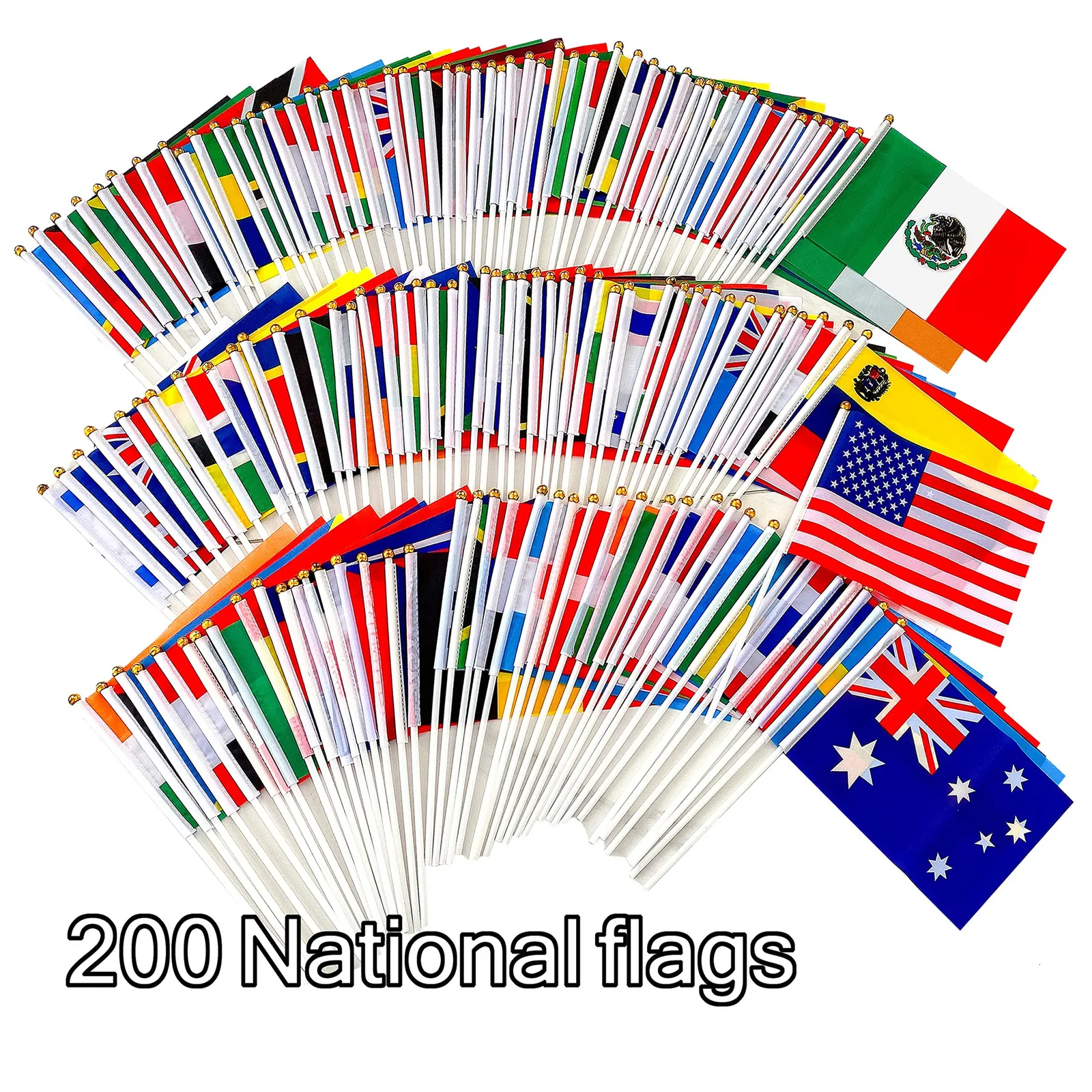 Bannerflaggen Nationalflaggen Komplettes Set mit 200 Länder- oder Regionsflaggen für die ganze Welt, 14 x 21 cm Polyestermaterial mit Kunststoffstangen 230714