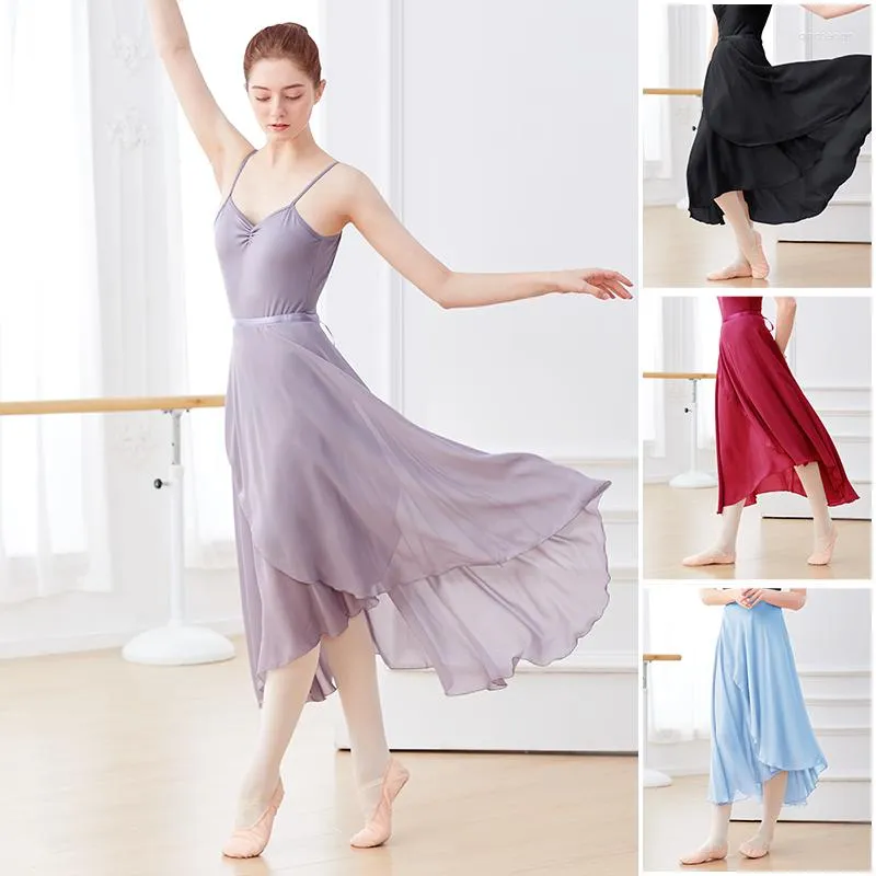 Vêtements de sport adultes femmes jupes de danse de Ballet longue robe douce lyrique en mousseline de soie noir bordeaux Costumes translucides