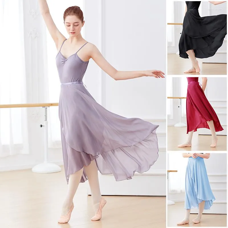 Abbigliamento da palestra Adulti Donne Balletto Danza Gonne Lungo Abito morbido lirico in chiffon Costumi traslucidi bordeaux neri