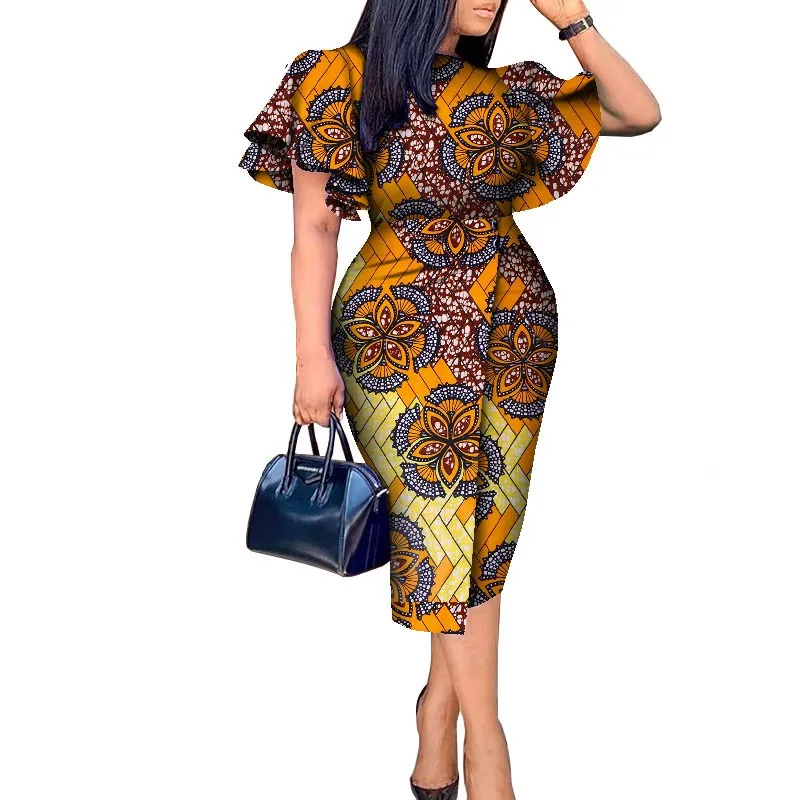 Afrikanische Frauenkleidung Wachsdruck Kitenge Designs Kleid mit Schmetterlingsärmeln WY8313