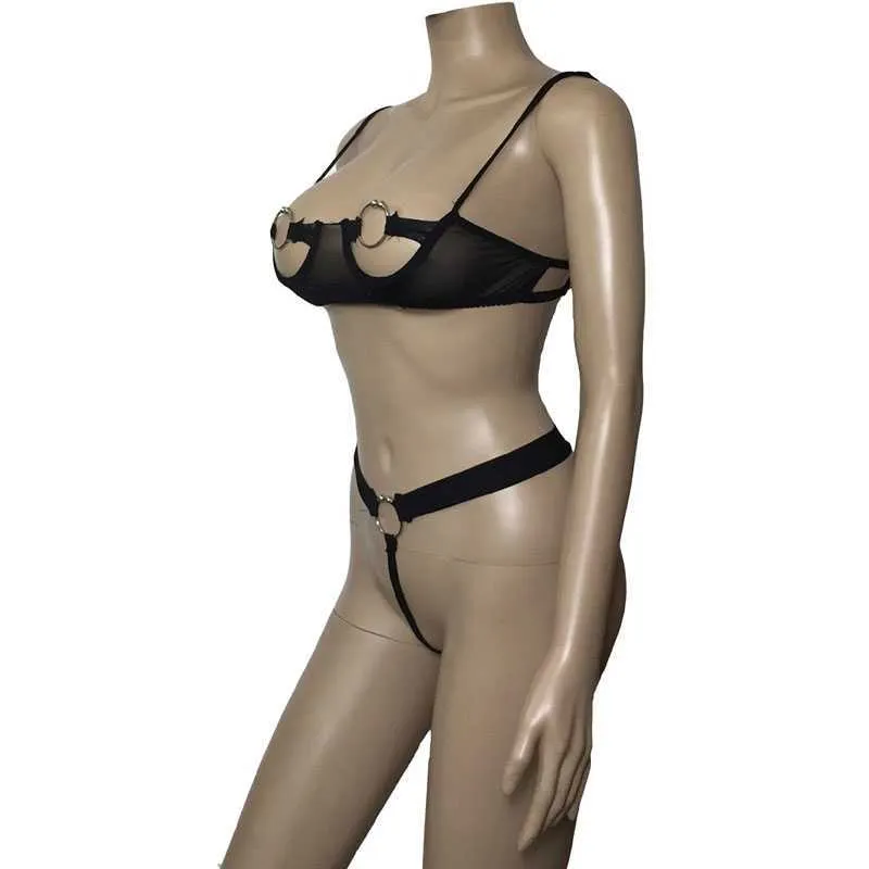 Black Sexy Women Open Cup Breast Harness Bikini Lingerie Metal Nipple Ring  Bra Top And G-string Underwear