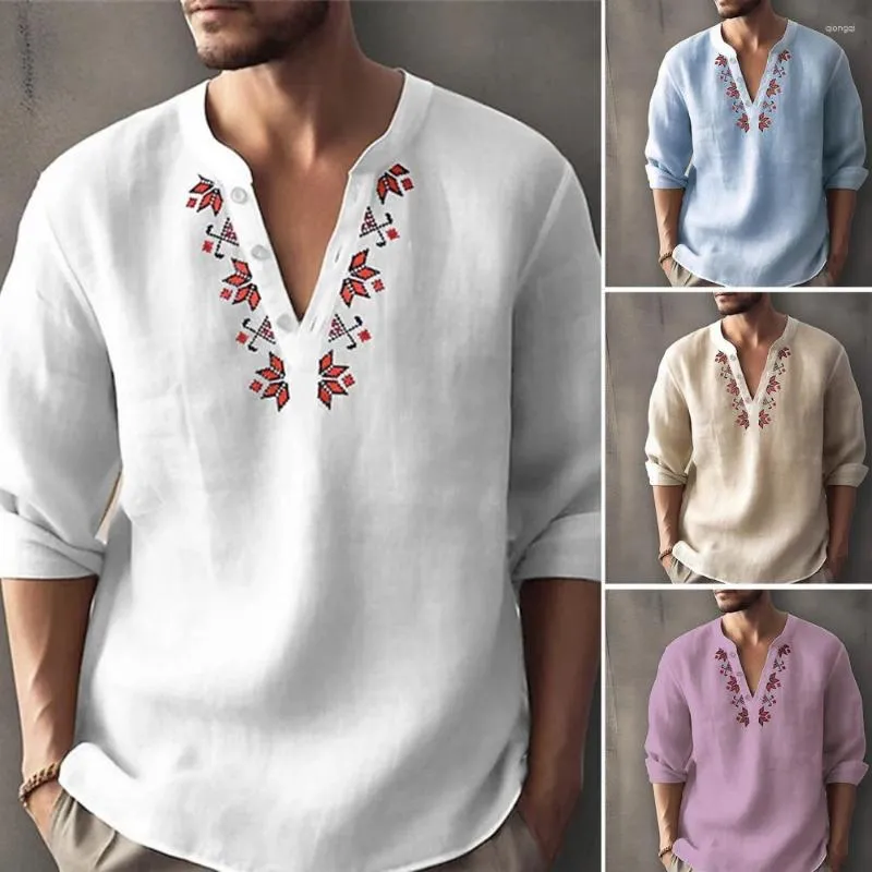 Men's T Shirts Men Geometric Print Buttons Neckline Shirt Tops V-neck Long Sleeve Loose Fit Solid Color Thin Pullover Workwear