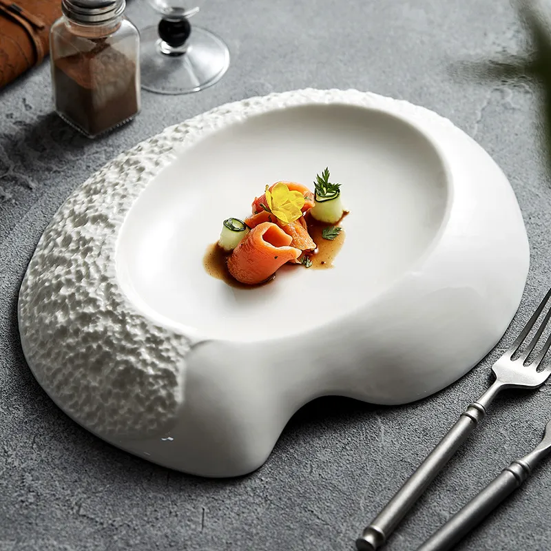 Assiette à dîner blanche irrégulière Restaurant fantaisie vaisselle en céramique motif de roche grès assiettes en porcelaine plats froids