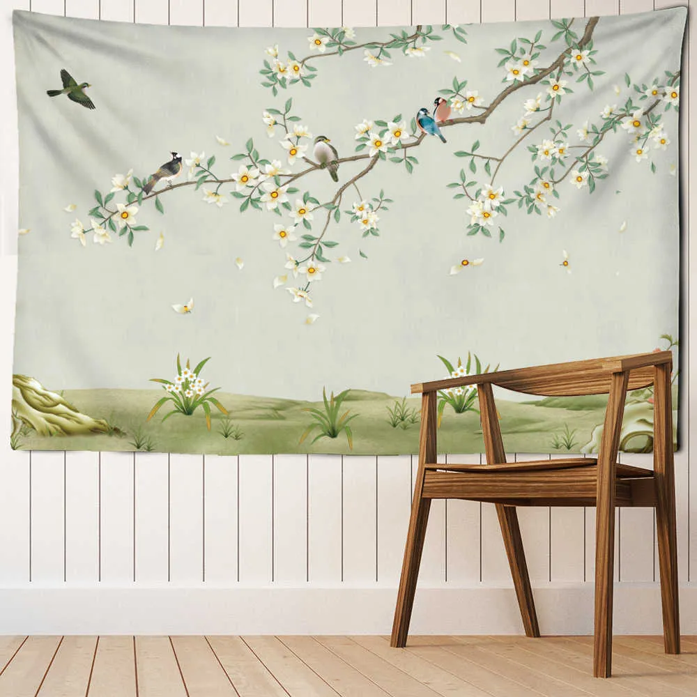 Tapissries Dome Cameras Spring Flowers Birds Illustration Wall Tapestry Målning Landskap Vägg hängande Tapestry Heminredning TABELL TAPPAPESTRY