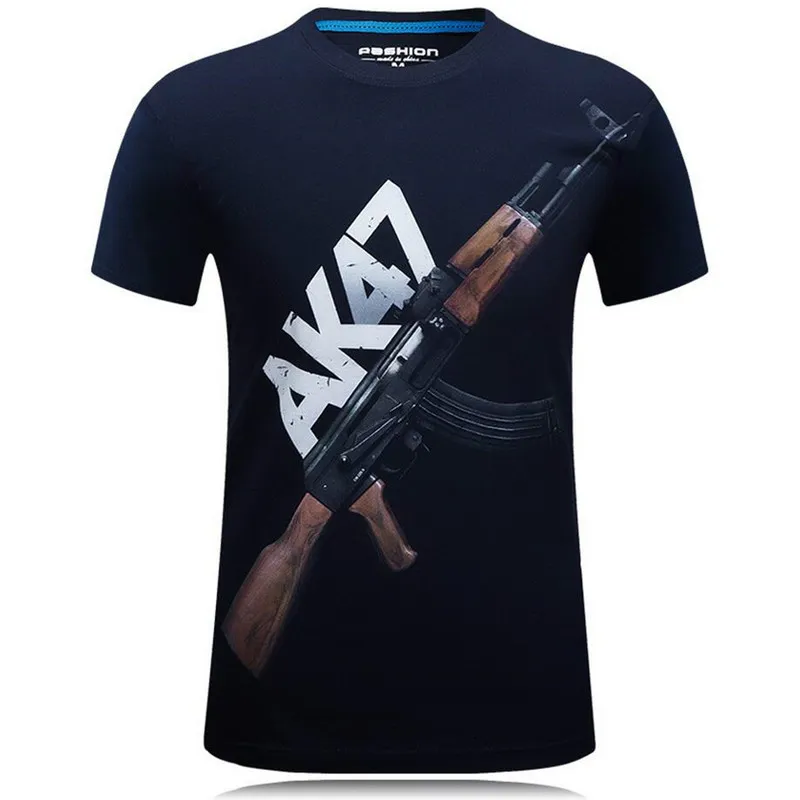 Męska letnia osobowość z krótkim rękawem T-shirt AK 47 Pistolet nadrukowany armia fan twardy facet prędkość wiatru sucha koszula na szyję punkowa duża top