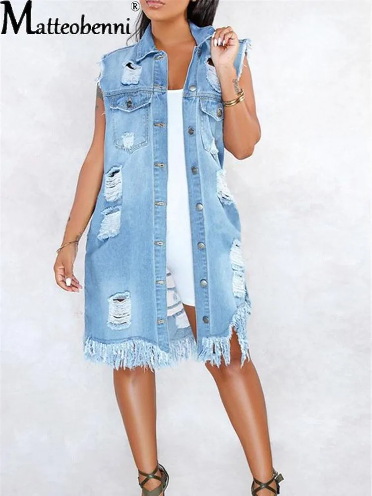 Costumes mode Sexy trou Denim Blouse vestes dames sans manches déchiré en détresse Denim ample longue veste manteau vêtements d'extérieur femmes