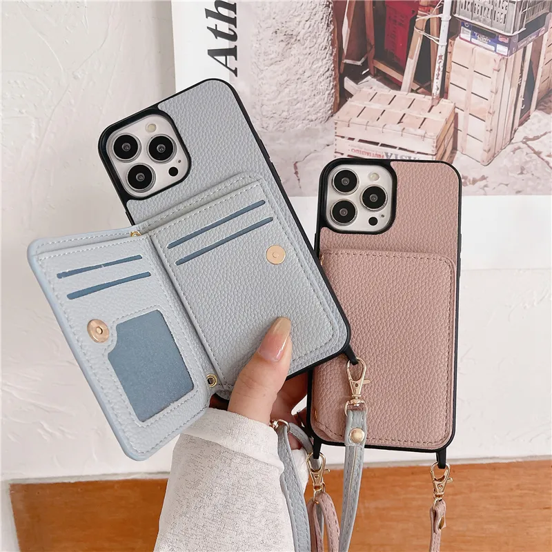 Luksusowe crossbody folio lichee zboża skórzana obudowa telefoniczna do iPhone'a 14 13 12 11 Pro Max Trwałe regulowane smycze wielokrotne gniazda karty skórzane tylne okładka