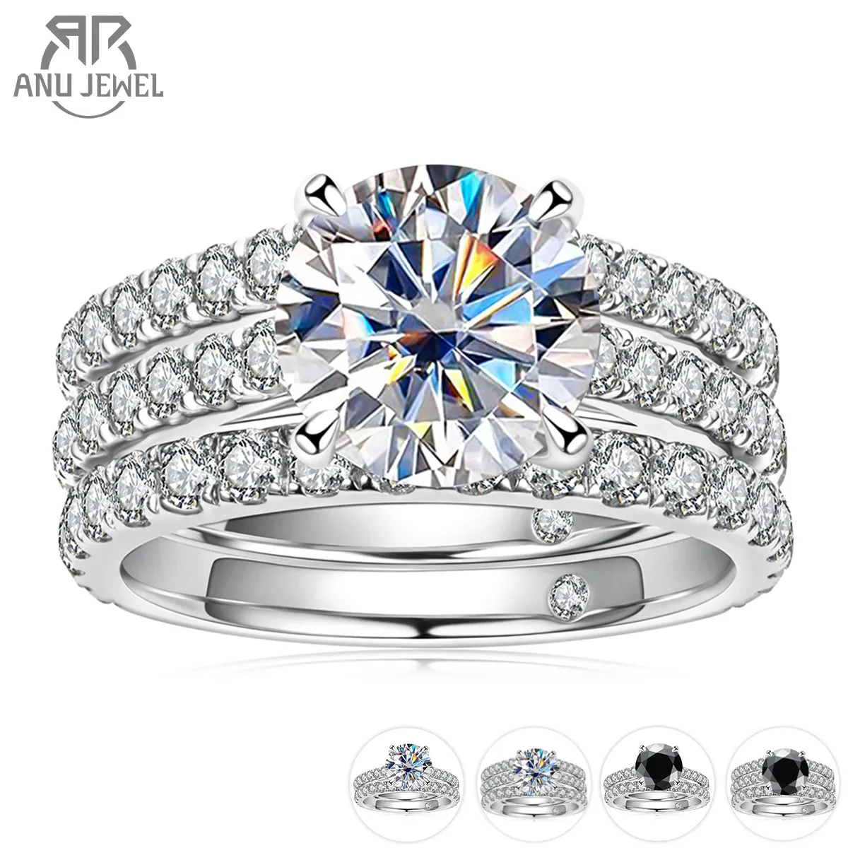 Wedding Rings AnuJewel 3ct Main StoneTotal 415ct D Color Ring Set Bridal Sets Band Silver With GRA Wholesale 230714