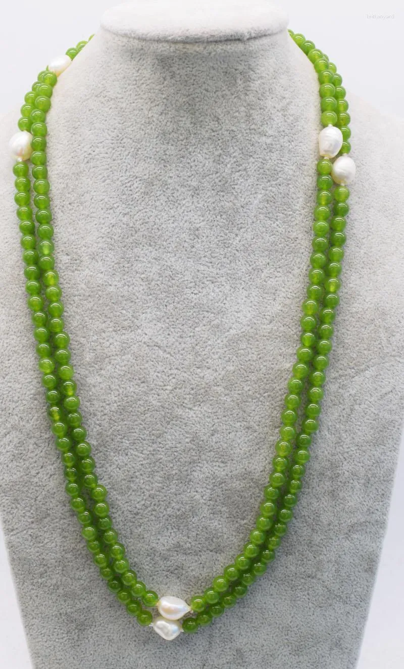Chains Yellow Green Jade Round 6mm And Freshwater Pearl White Baroque Long Necklace 45" Nature FPPJ Wholesale