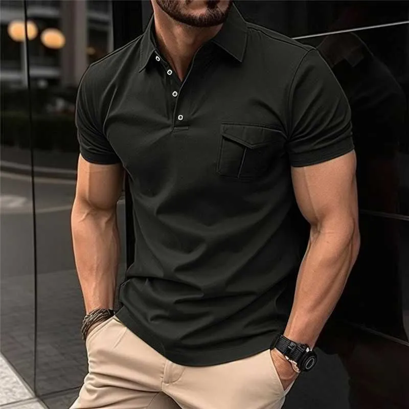 Męskie koszulki moda mężczyźni solidne kolory koszule polo z krótkim rękawem kieszonkowa kieszonkowa biznes swobodny koszulka