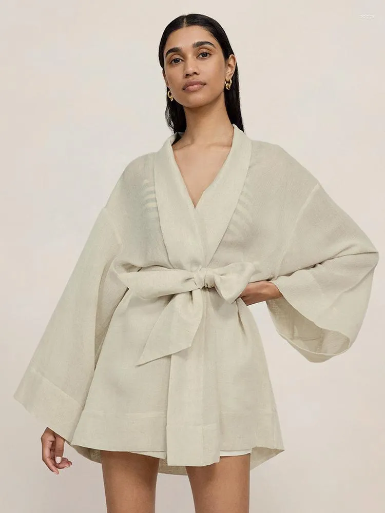 Kvinnors sömnkläder Linad Khaki -kläder för kvinnor Lossa långärmad V -hals Sashes Casual Bathrobe Female Nightwear Solid Summer Pyjamas